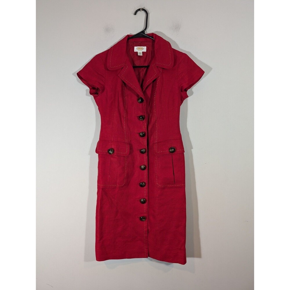 Talbots Dress Women Size 2 Red Button-Up Sheath Minimalistic Attire Linen Vgt